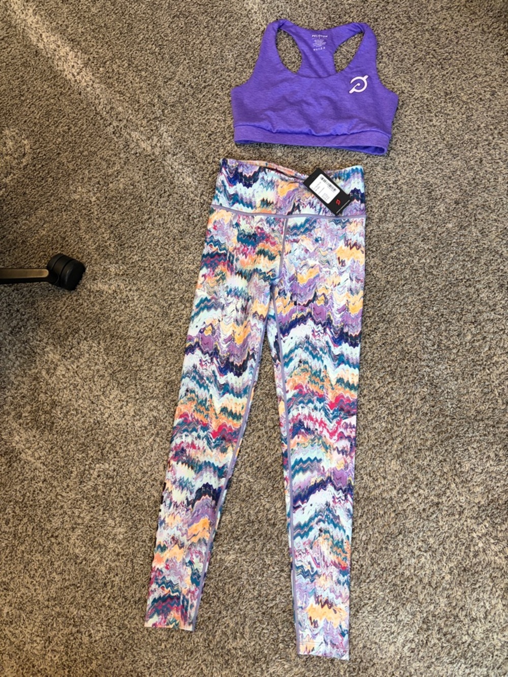 Peloton purple Sports Bra Multicolor Wave-Print Leggings river rock high waist